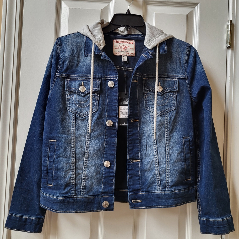 TRUE RELIGION Women's Relaxed Denim Trucker Hooded Jacket size M New Medium NWT - Picture 2 of 11